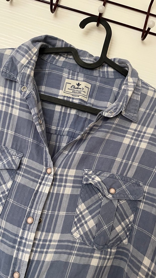 Düğmeli Gri Mavi Kareli Uzun Kollu Kadın Gömlek - Görsel 2