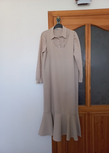 Diğer Uzun Bej Kadın Elbise, Uzun Kollu, Drapeli