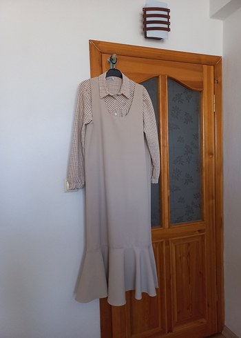 Uzun Bej Kadın Elbise, Uzun Kollu, Drapeli