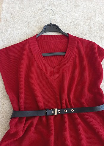 Kadın Kırmızı V Yaka Uzun Triko Süveter - Görsel 3