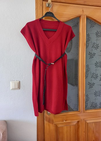 Kadın Kırmızı V Yaka Uzun Triko Süveter - Görsel 5