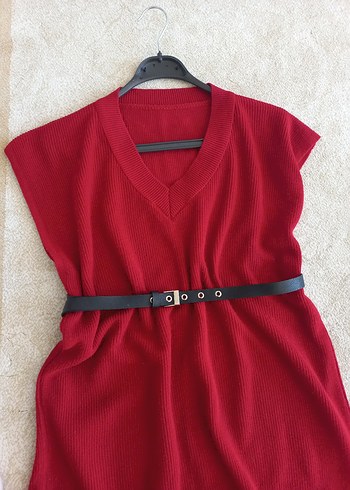 Kadın Kırmızı V Yaka Uzun Triko Süveter - Görsel 2