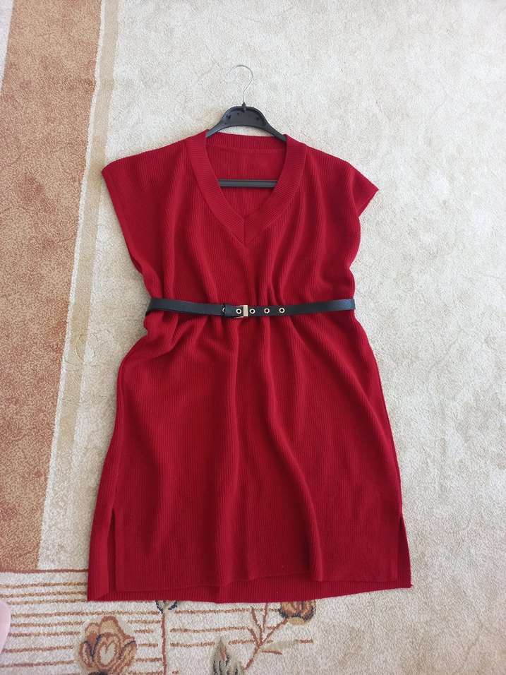 Kadın Kırmızı V Yaka Uzun Triko Süveter - Görsel 4