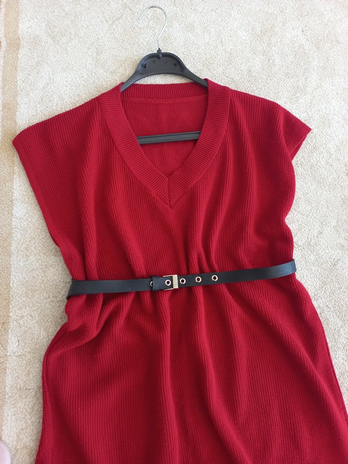 Kadın Kırmızı V Yaka Uzun Triko Süveter - Görsel 2