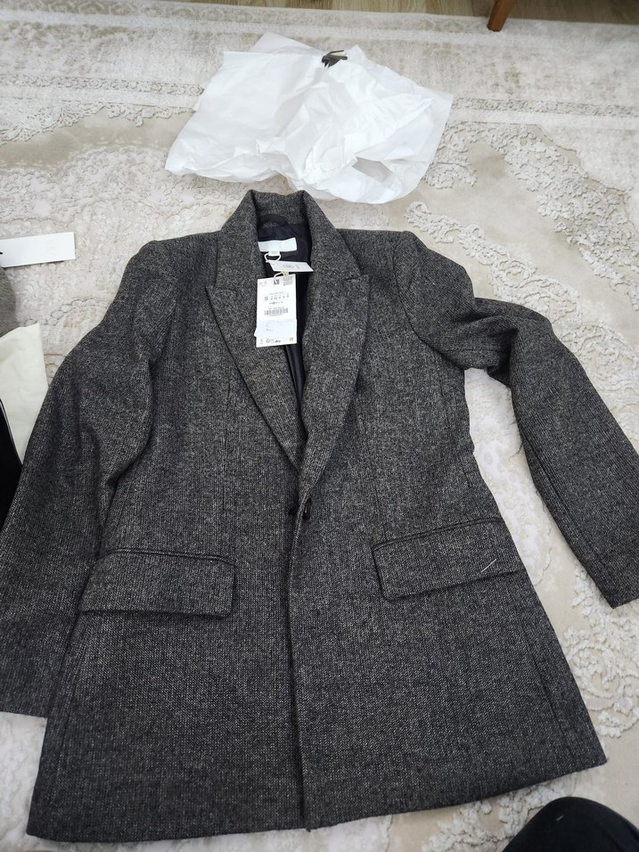 Gri Midi Yün Kadın Ofis ceket zara orginal - Görsel 2