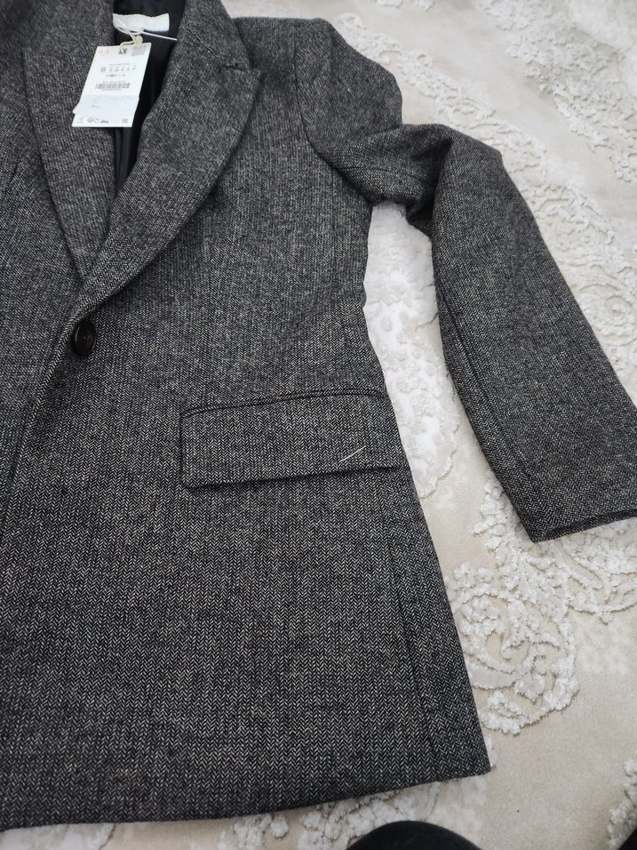 Gri Midi Yün Kadın Ofis ceket zara orginal - Görsel 3