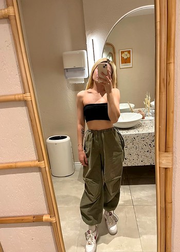 Kadın Haki Loose Fit Midi Kumaş Pantolon