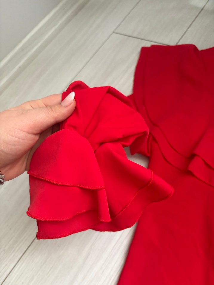 Kırmızı V Yaka Düğmeli Kadın Gömlek - Görsel 3