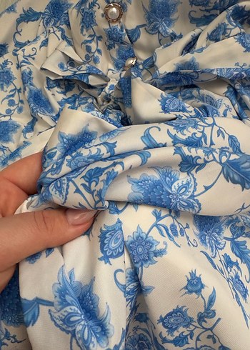 Mavi Baskılı Midi Pamuklu Elbise - Görsel 5