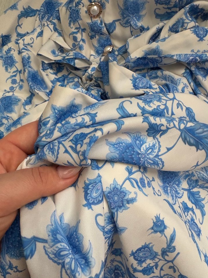 Mavi Baskılı Midi Pamuklu Elbise - Görsel 5