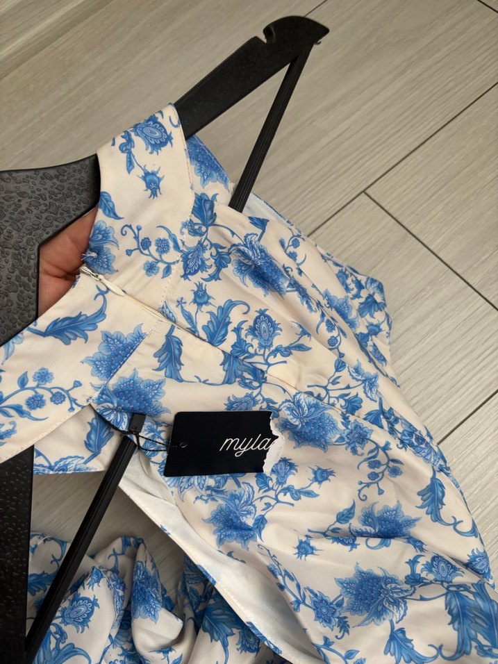 Mavi Baskılı Midi Pamuklu Elbise - Görsel 4