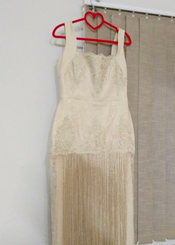 Bej Vintage Dantel Detaylı Uzun abiye - Görsel 3