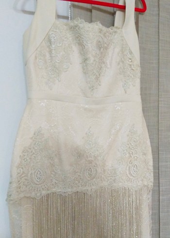 Bej Vintage Dantel Detaylı Uzun abiye - Görsel 5