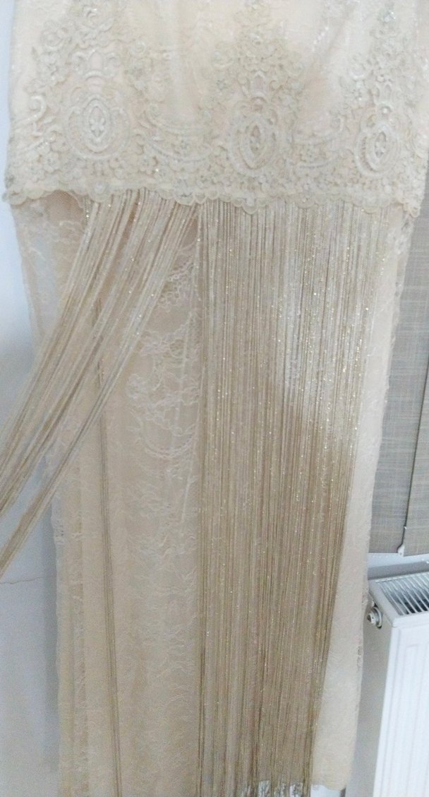 Bej Vintage Dantel Detaylı Uzun abiye - Görsel 4