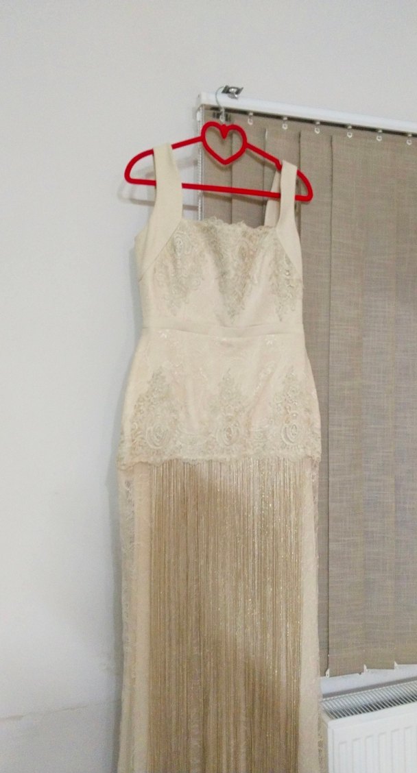 Bej Vintage Dantel Detaylı Uzun abiye - Görsel 3