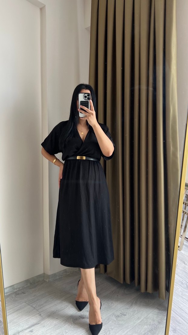 V Yaka Kemerli Siyah Uzun Elbise - Görsel 2