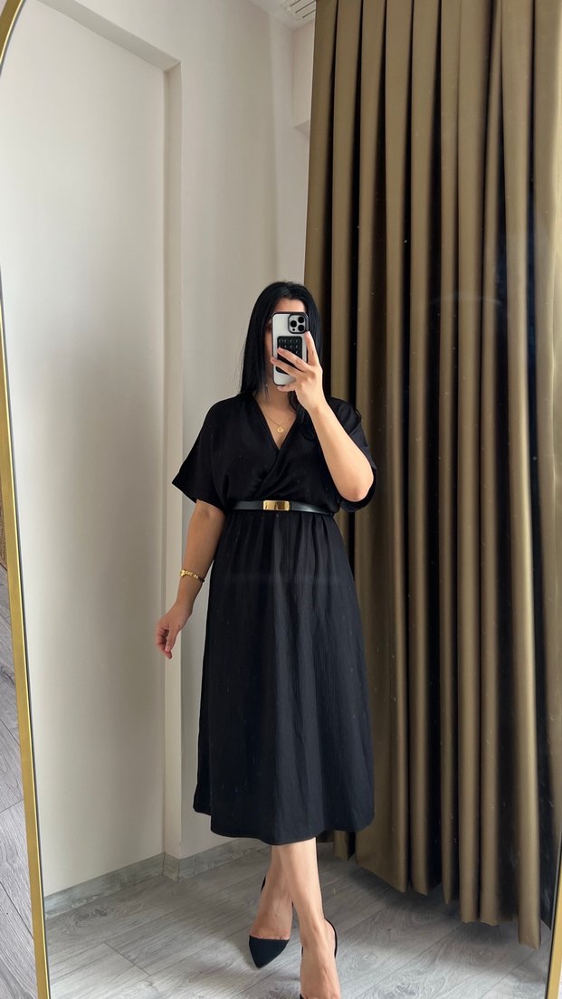 V Yaka Kemerli Siyah Uzun Elbise - Görsel 5