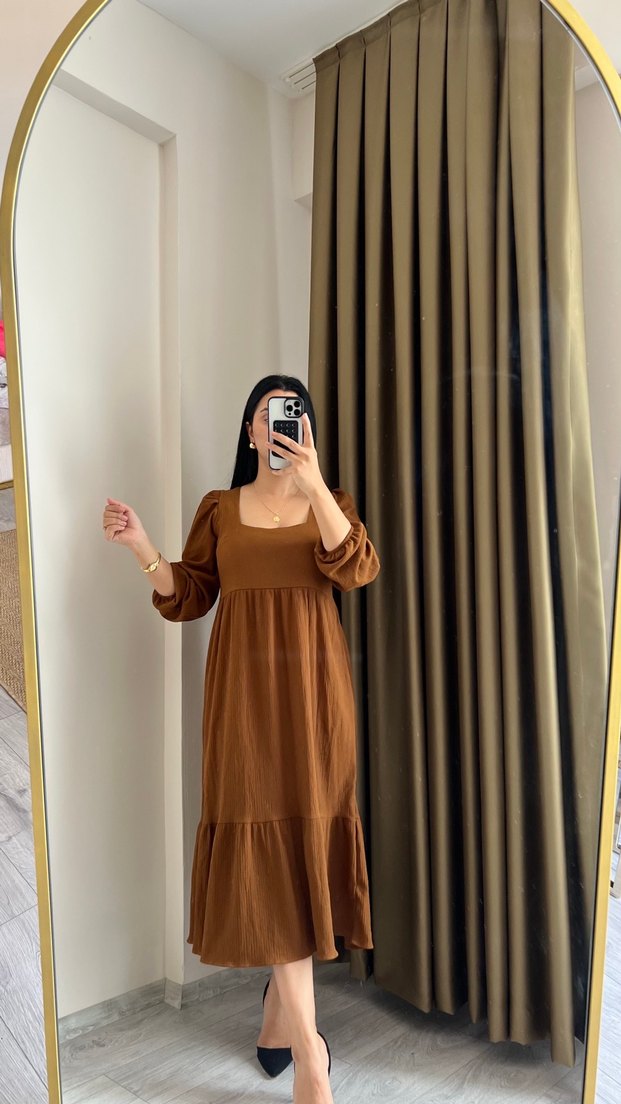 Kahverengi Uzun Salaş Kadın Elbise - Görsel 4