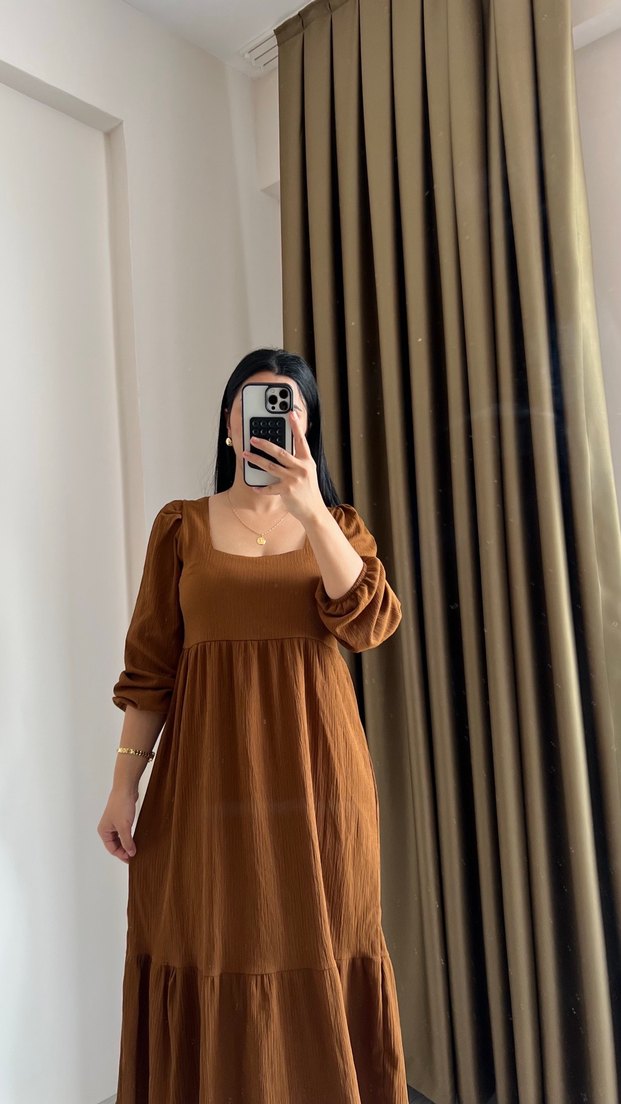 Kahverengi Uzun Salaş Kadın Elbise - Görsel 2