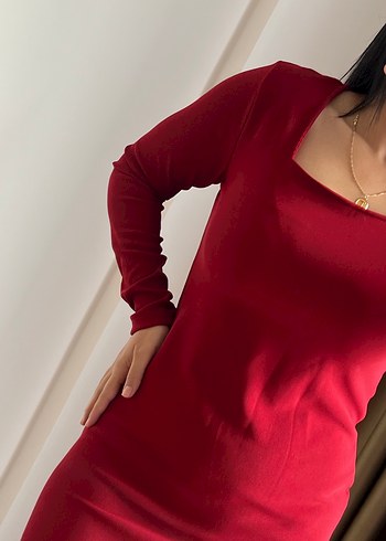 Kırmızı Uzun Kollu İnce Kadın Elbise - Görsel 3