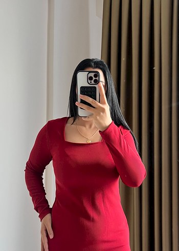 Kırmızı Uzun Kollu İnce Kadın Elbise - Görsel 4