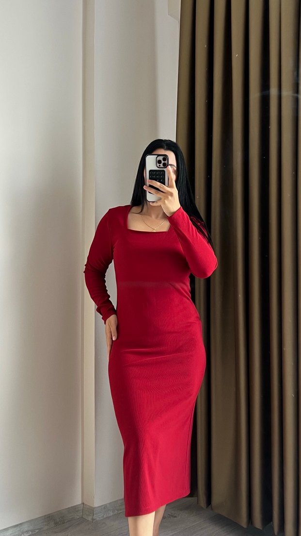 Kırmızı Uzun Kollu İnce Kadın Elbise - Görsel 2