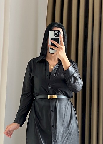 Siyah Deri Kemerli Uzun Kadın Elbise - Görsel 3