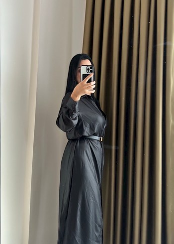 Siyah Deri Kemerli Uzun Kadın Elbise - Görsel 2