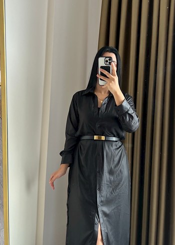 Siyah Deri Kemerli Uzun Kadın Elbise - Görsel 4