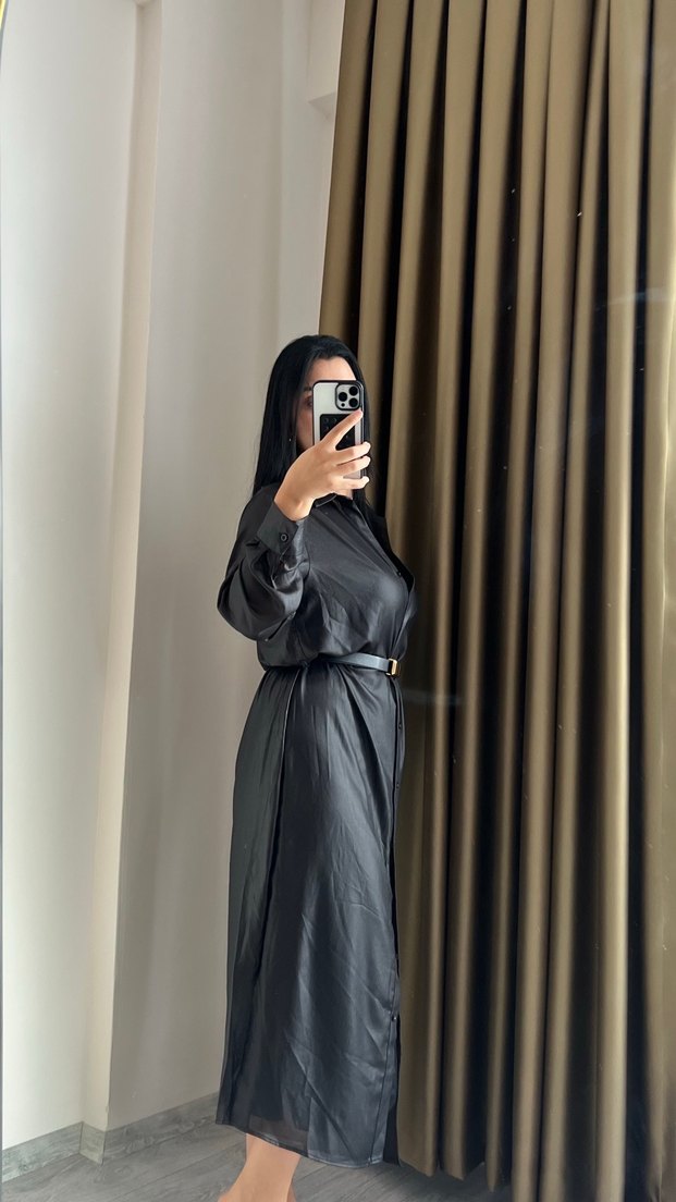 Siyah Deri Kemerli Uzun Kadın Elbise - Görsel 2