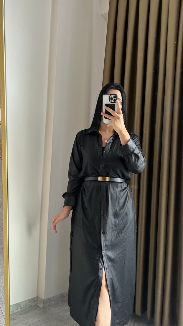 Siyah Deri Kemerli Uzun Kadın Elbise - Görsel 4