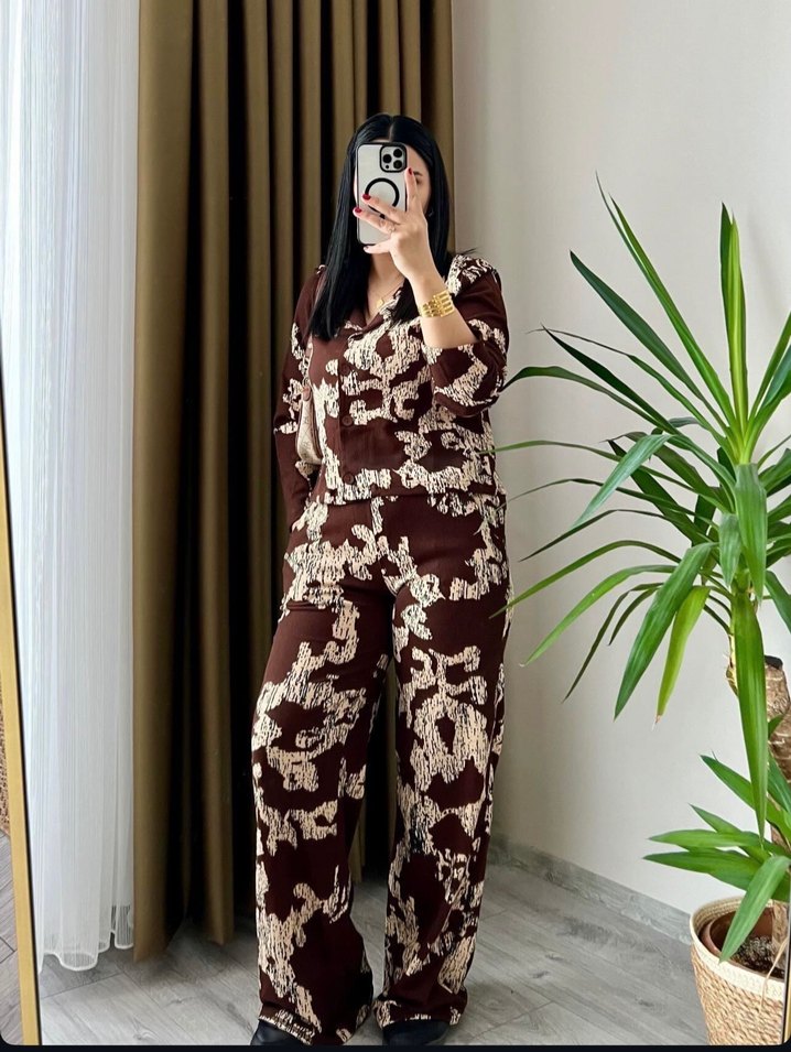 Kadın Kahverengi Bürümcük kumaş ikili takım - Görsel 2