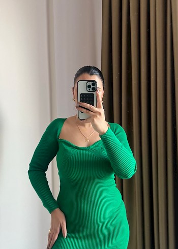 Yeşil V Yakalı Fitilli Triko Midi Elbise - Görsel 4