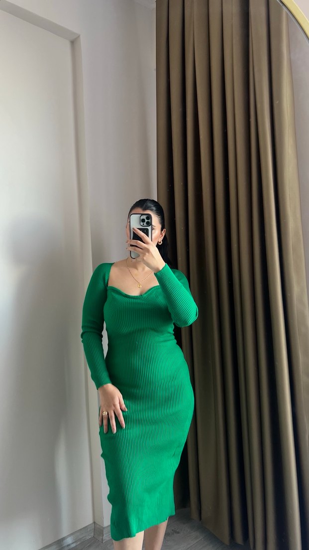 Yeşil V Yakalı Fitilli Triko Midi Elbise - Görsel 2