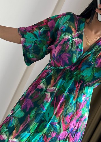 Bohem V Yaka Uzun Bağlamalı Elbise - Görsel 4