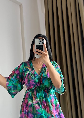 Bohem V Yaka Uzun Bağlamalı Elbise - Görsel 5