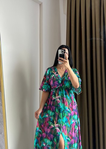 Bohem V Yaka Uzun Bağlamalı Elbise - Görsel 2