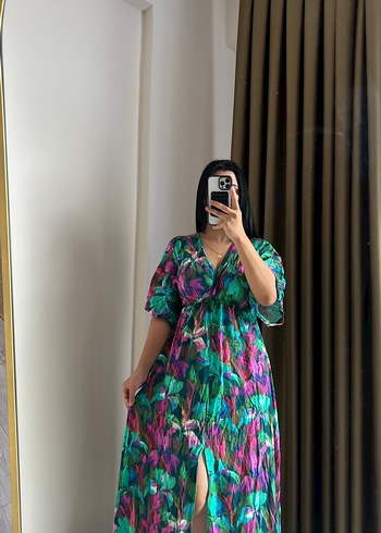Bohem V Yaka Uzun Bağlamalı Elbise - Görsel 3