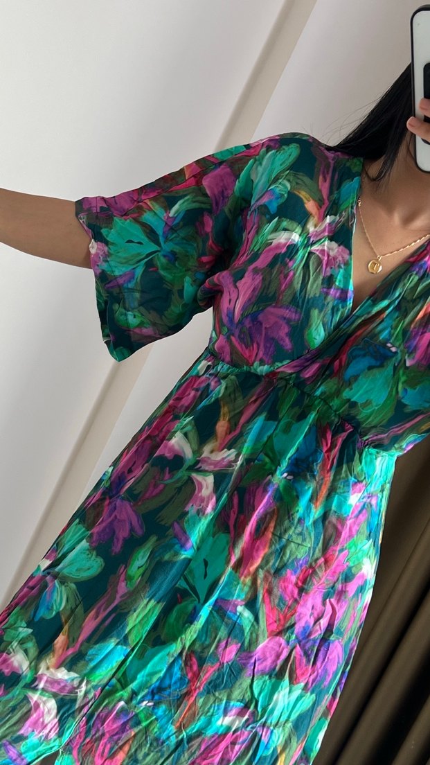 Bohem V Yaka Uzun Bağlamalı Elbise - Görsel 4