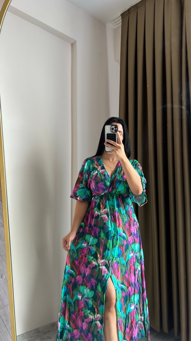 Bohem V Yaka Uzun Bağlamalı Elbise - Görsel 2