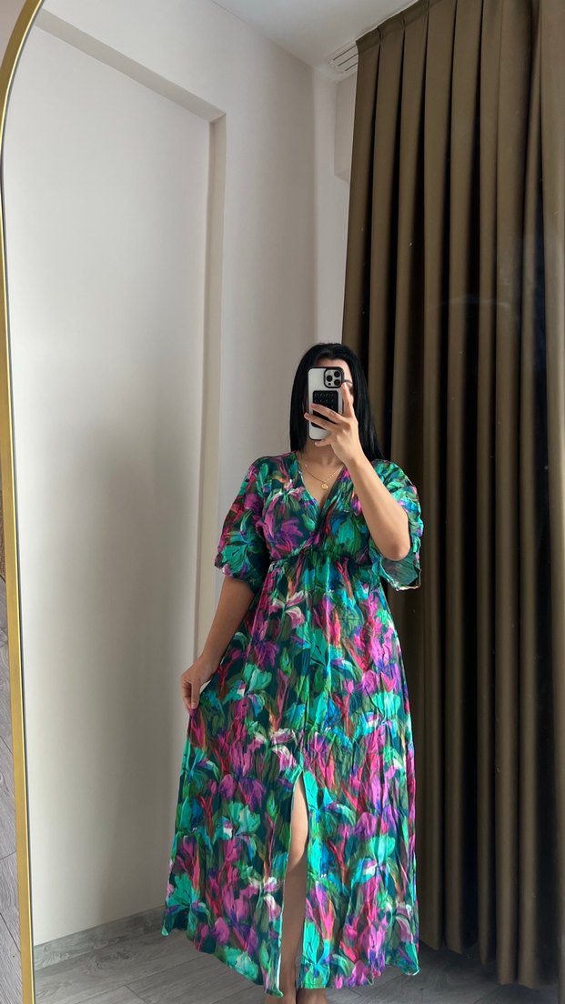 Bohem V Yaka Uzun Bağlamalı Elbise - Görsel 3