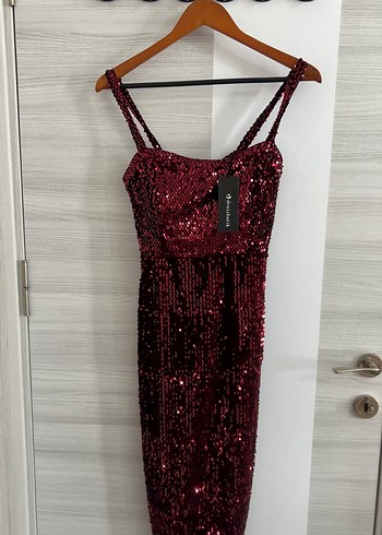 Diğer Bordo Payetli V Yaka Midi Abiye Elbise