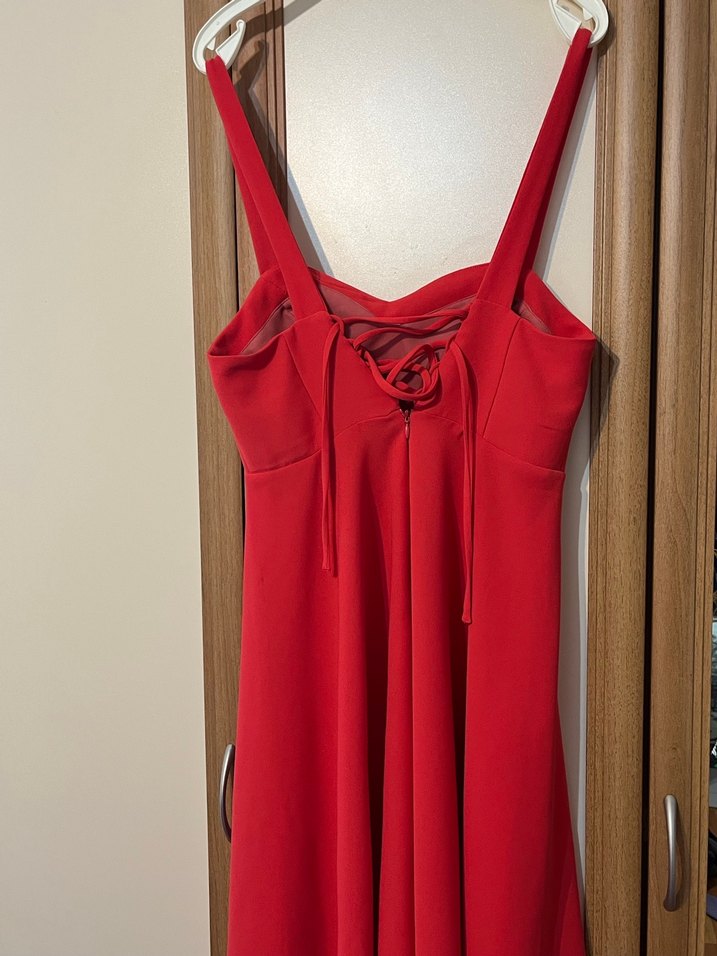 V Yaka Kırmızı Midi Elbise - Görsel 2
