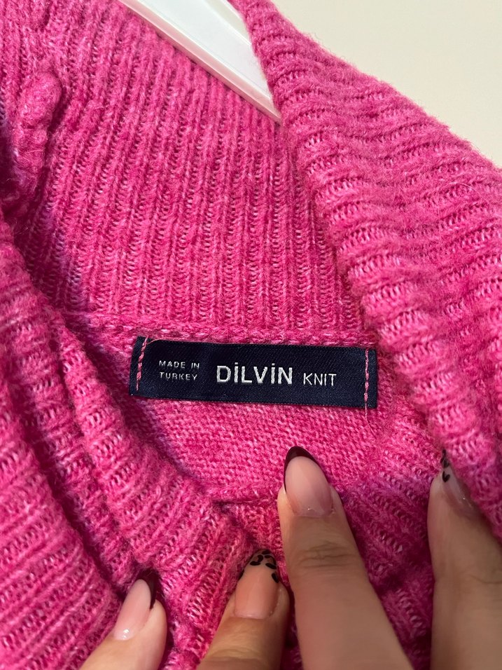 Pembe Yünlü Yüksek Yakalı Örgü Kadın Kazak - Görsel 3