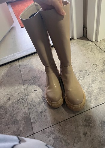 Bej Deri Kadın Dizüstü Blok Topuklu Çizme - Görsel 4