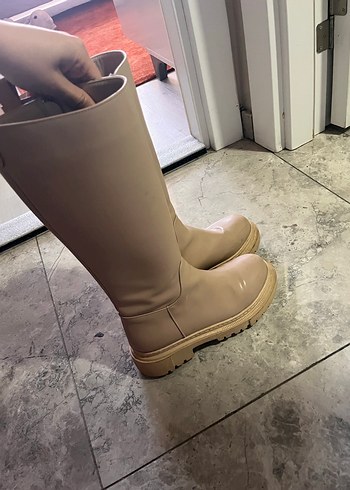 Bej Deri Kadın Dizüstü Blok Topuklu Çizme - Görsel 6