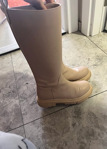 Bej Deri Kadın Dizüstü Blok Topuklu Çizme - Görsel 2