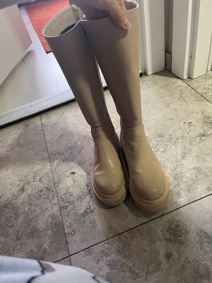 Bej Deri Kadın Dizüstü Blok Topuklu Çizme - Görsel 4