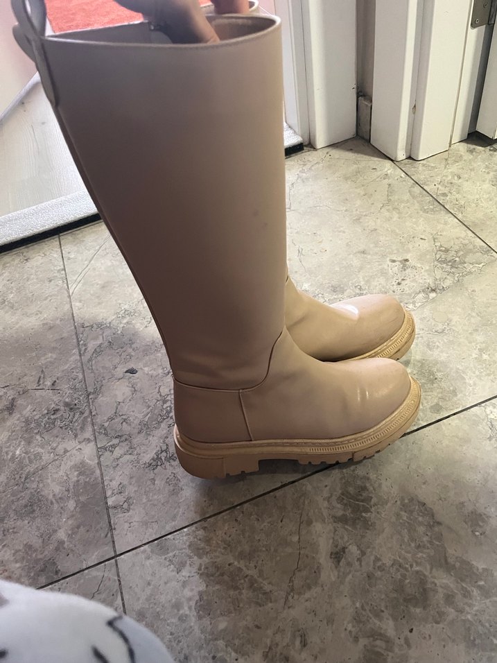 Bej Deri Kadın Dizüstü Blok Topuklu Çizme - Görsel 2