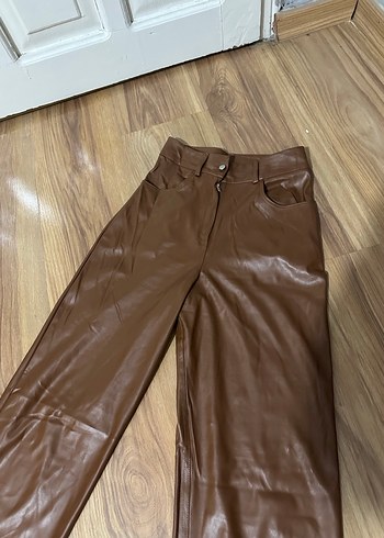 Kahverengi Deri Kadın Pantolon boru paça - Görsel 2